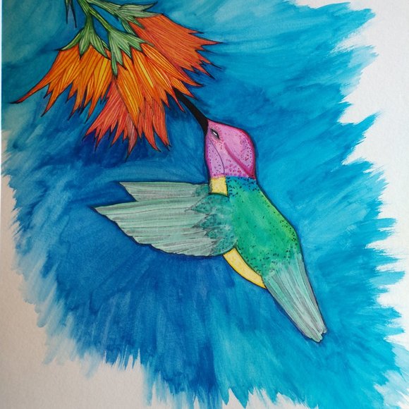 Painting Hummingbird and Flowers Watercolors Ink - Picture 3 of 16